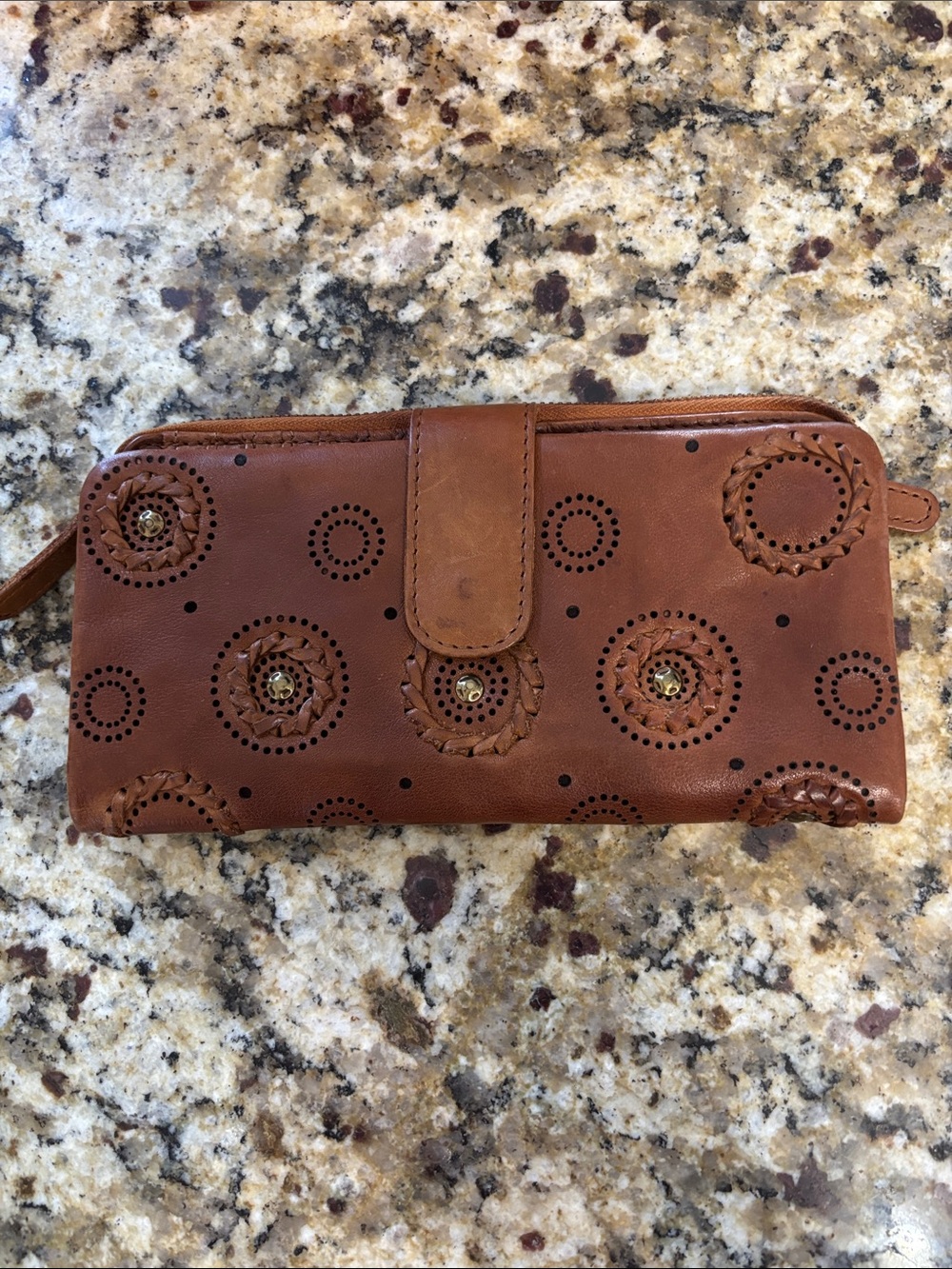 Violence Holland Brown Leather Wristlet Wallet with Decorative Medallions